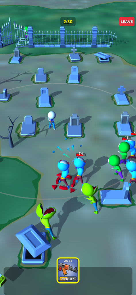 Strong Whisper Expert - Vista desde arriba de un personaje disparando a monstruos en un escenario de cementerio