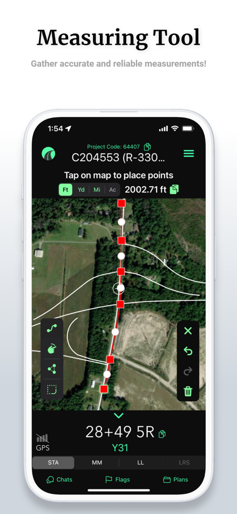 OnStation - Digital Stationing - OnStation app interface showing distance measurement on a satellite map