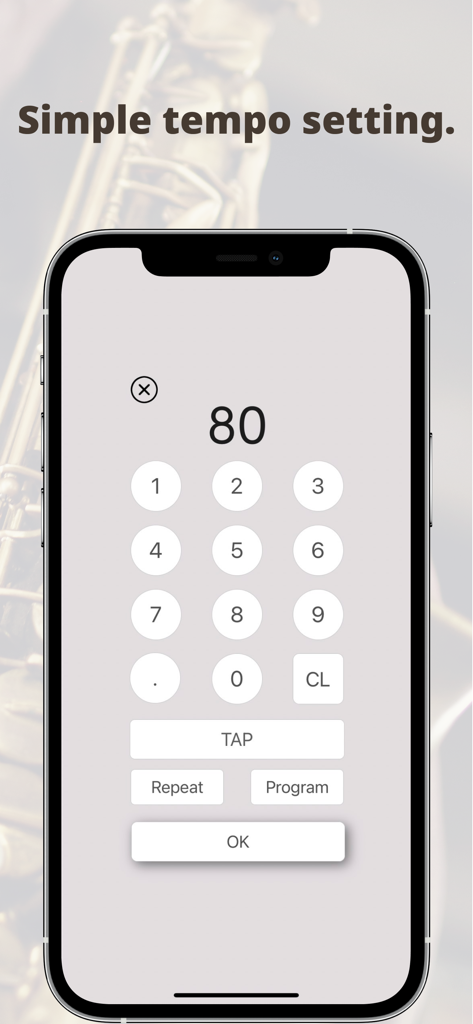 A numeric keypad interface for setting the beats per minute in the Smart Metronome and Tuner app
