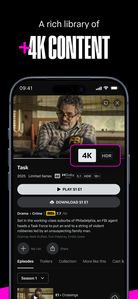 OSN plus mobile app interface showcasing 4K HDR streaming content