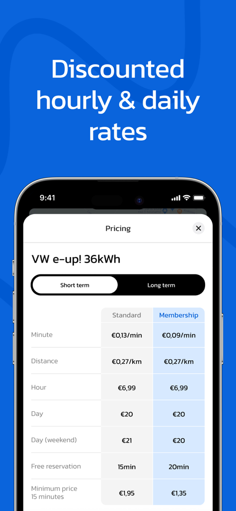 Pricing table for electric car sharing comparing standard and membership rates on the SPARK app