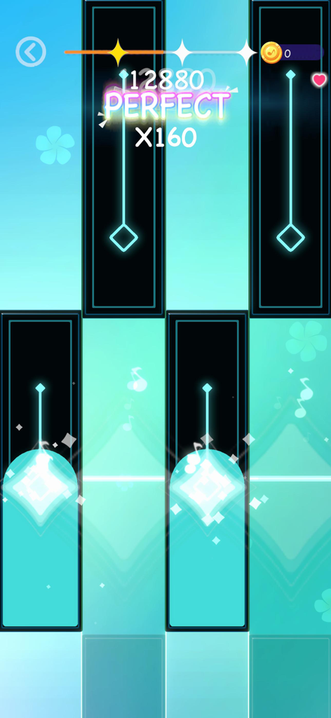 Cat Cute Tiles: Rhythm Games - 光る音楽タイル、完璧なコンボスコア、カラフルな美学が表示されたリズムゲーム画面