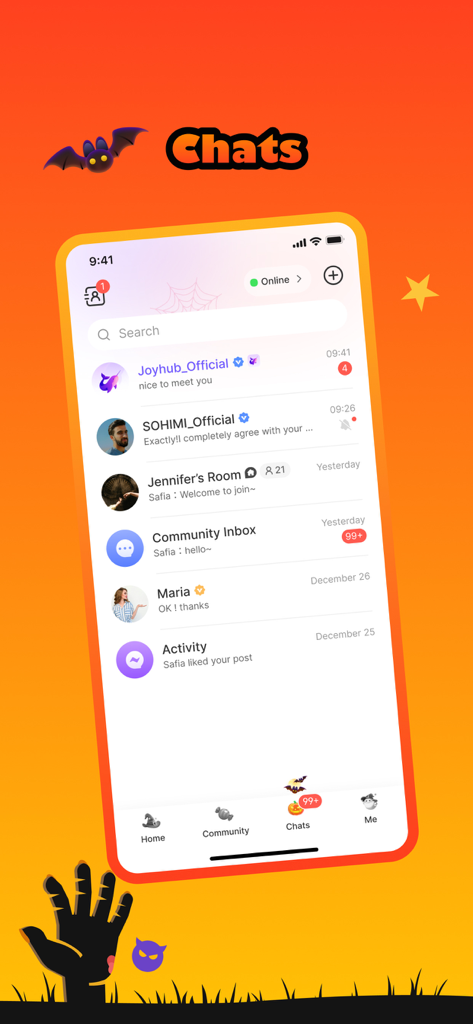 Joyhub - La interfaz de chat de la aplicación Joyhub con una lista de conversaciones y un diseño temático de Halloween.
