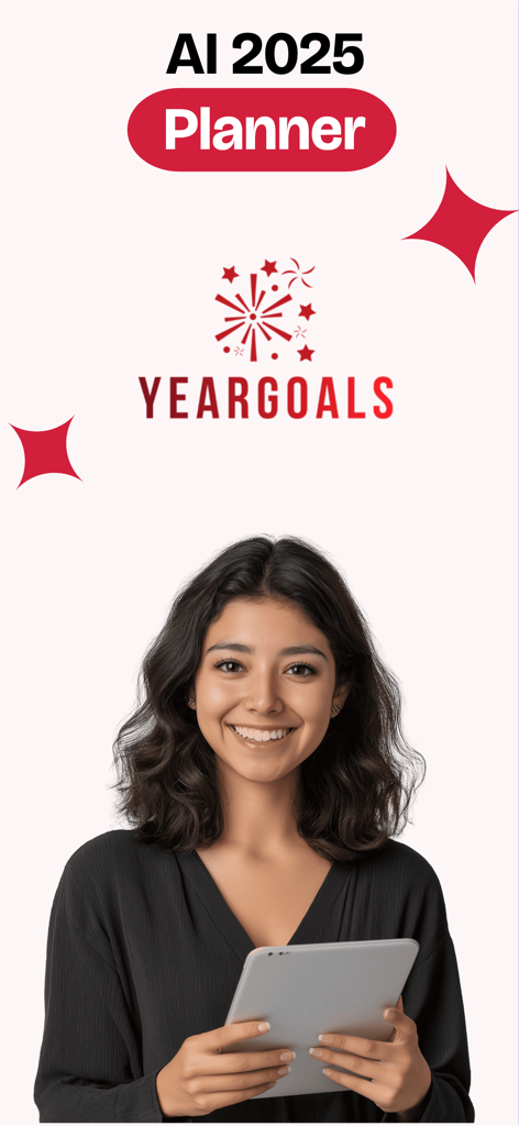 Year Goals - A woman holding a tablet under the Year Goals AI 2025 Planner logo