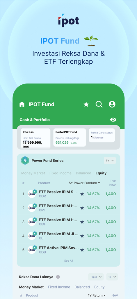 IPOT Fund screen displaying mutual fund and ETF investment products with performance data