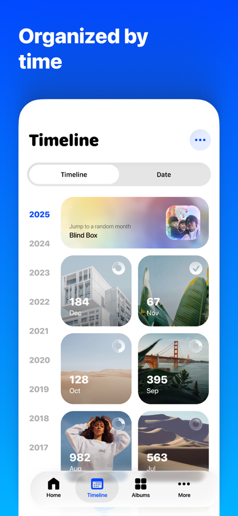 Photos Cleaner: Minus Photos - App pulitore di foto per iPhone che mostra una cronologia di foto organizzate per mese e anno per il decluttering digitale