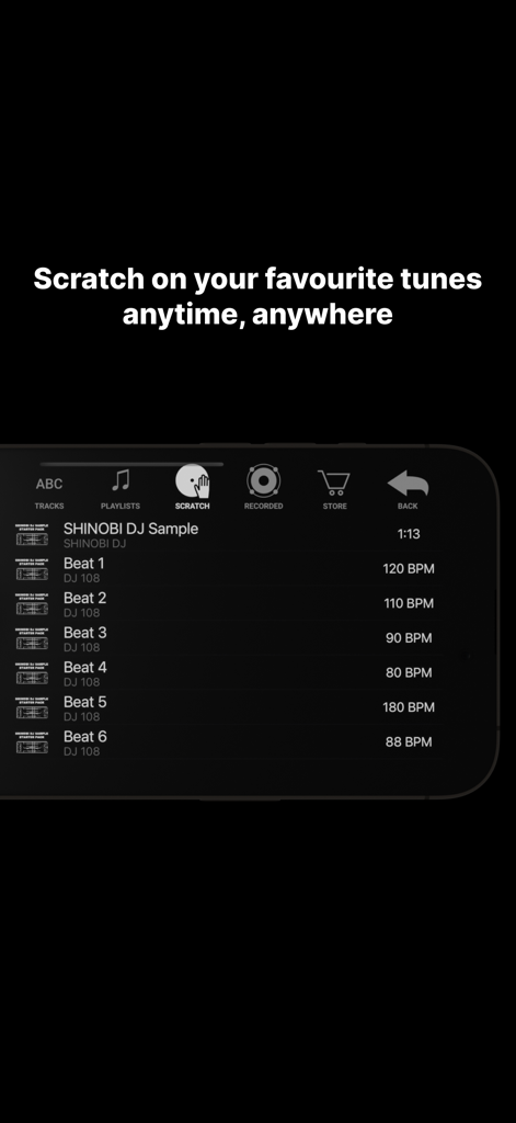 SHINOBI DJ app music library interface showing scratch beats and BPM