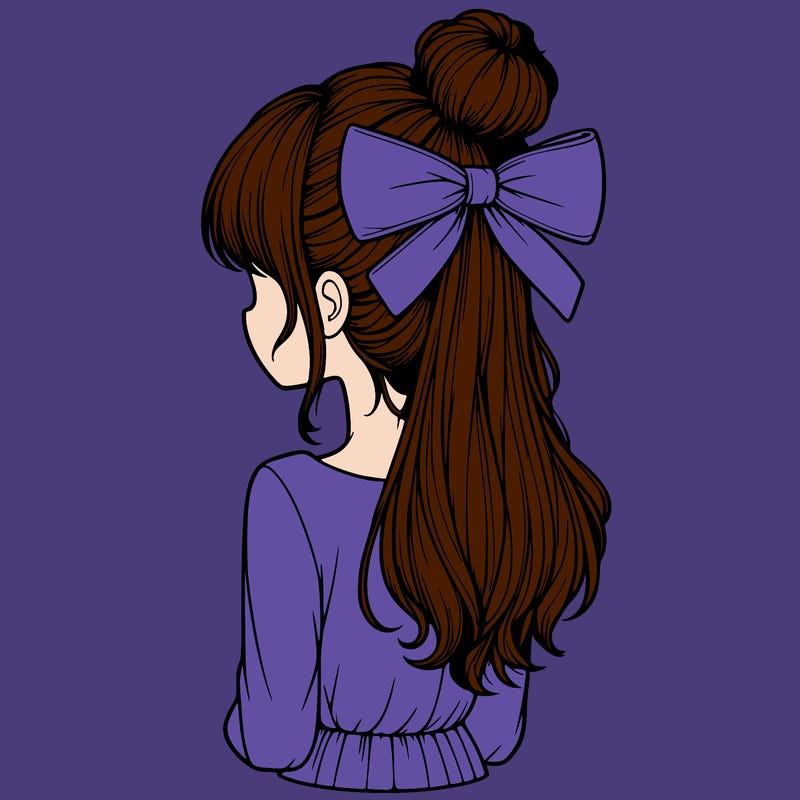 realistic girl  with hip length hair a bun and a big bow on the back of head