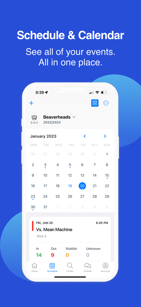 BenchApp - Sports Team Manager - BenchApp sports team calendar and schedule interface showing game details and attendance tracking