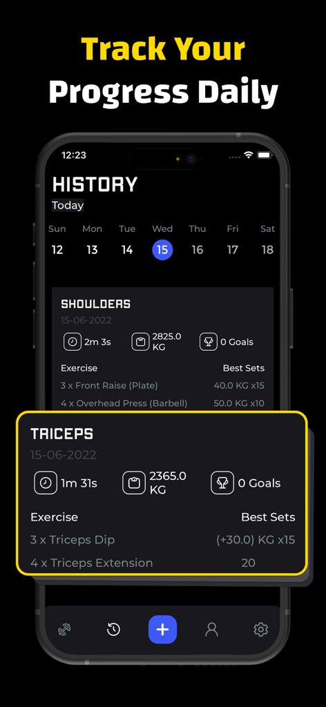 Écran d'historique des entraînements quotidiens montrant les exercices par groupe musculaire et la progression du poids