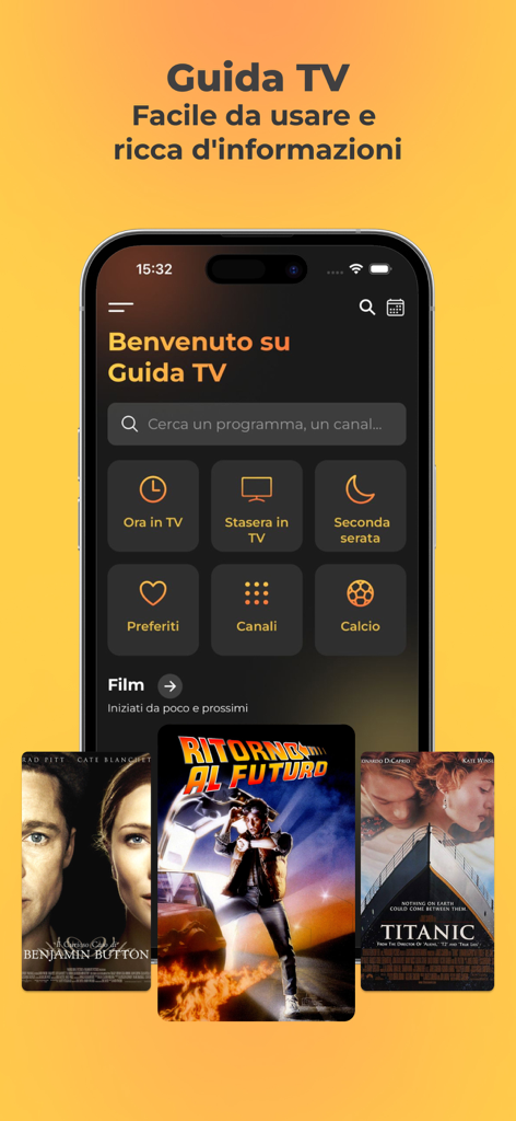 Guida Programmi TV - Interfaz principal de la aplicación Guida TV que muestra la programación de televisión italiana, listados de fútbol y pósteres de películas.