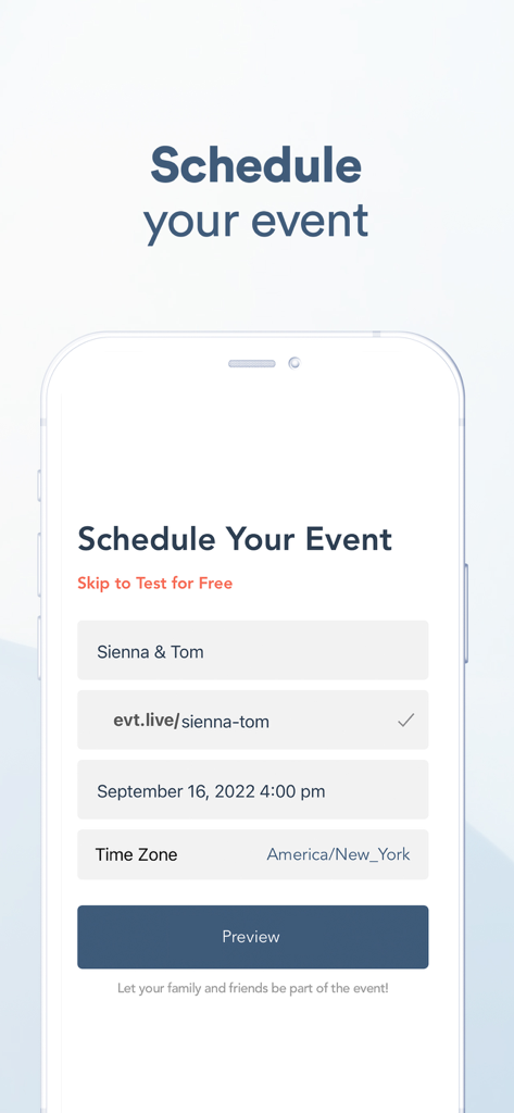 EventLive－Live Stream Event - Oberfläche zur Planung einer Live-Stream-Veranstaltung mit benutzerdefinierter URL und Datum.