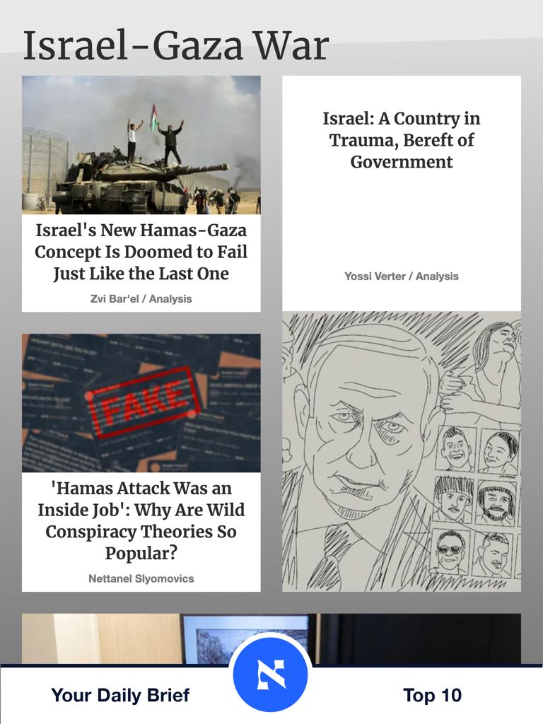 Screenshot des Nachrichten-Feeds der Haaretz Tablet Edition, der Artikel und Analysen zum Israel-Gaza-Krieg anzeigt.