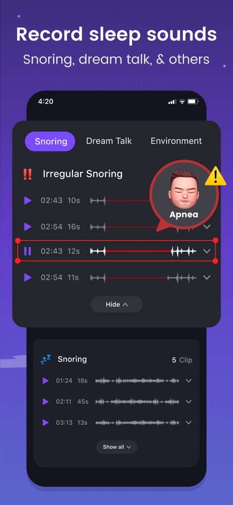 Mintal Tracker:Sleep Recorder - Mintal Tracker App-Oberfläche mit aufgezeichneten Schnarch-Clips und einer Warnmeldung für Schlafapnoe