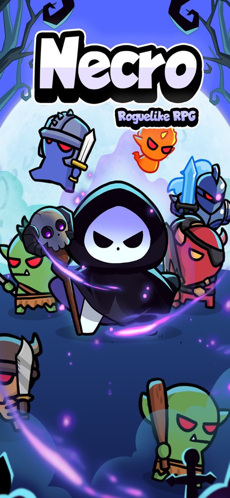 Necro - Roguelike RPG - A cute hooded necromancer character holding a skull staff surrounded by colorful monsters under a full moon