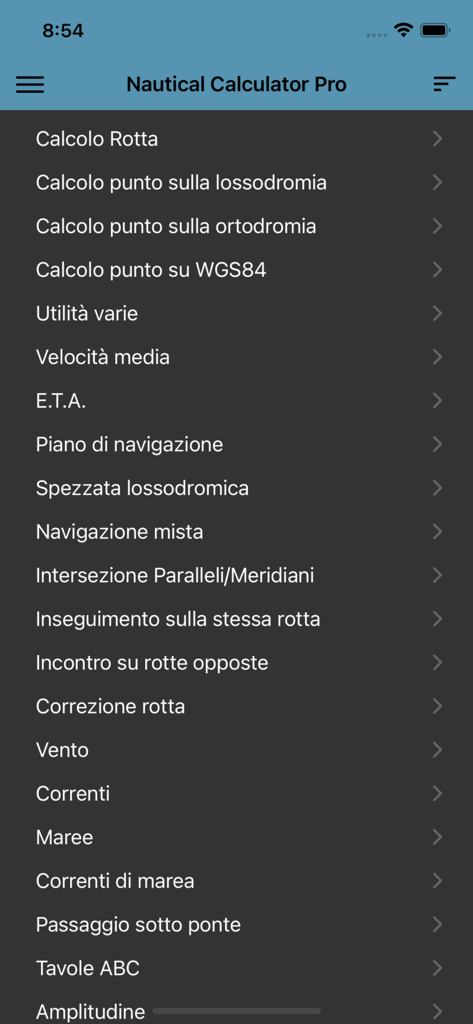 Main menu interface of the Nautical Calculator Pro app listing navigation tools and calculations