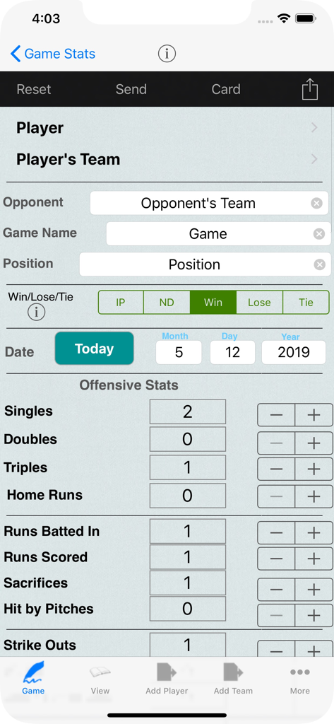 Baseball Player Stats Tracker - Bildschirm einer mobilen App zur Erfassung offensiver Baseballstatistiken, einschließlich Treffern und Runs