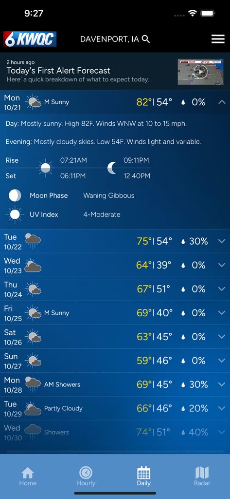 KWQC First Alert Weather app screen showing the daily forecast for Davenport Iowa