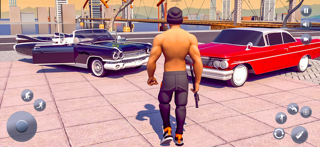 Un personaje masculino sin camisa de pie entre dos coches clásicos en un entorno urbano con una interfaz de juego en tercera persona