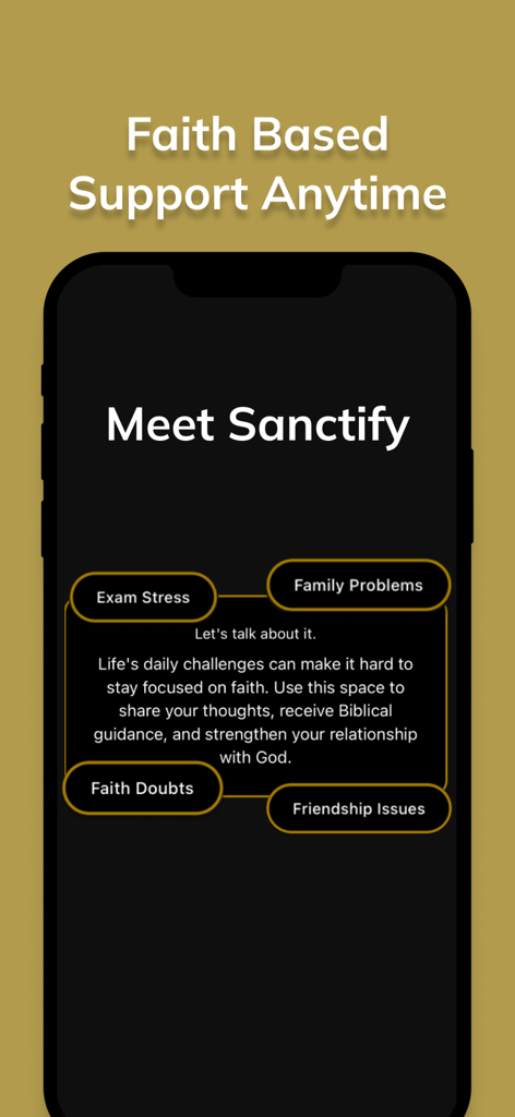 Sanctify - Christian Companion - Sanctify app interface showing faith based support for daily challenges like exam stress and family problems