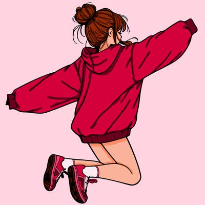 realistic girl jumping with a bun and oversized sweatshirt