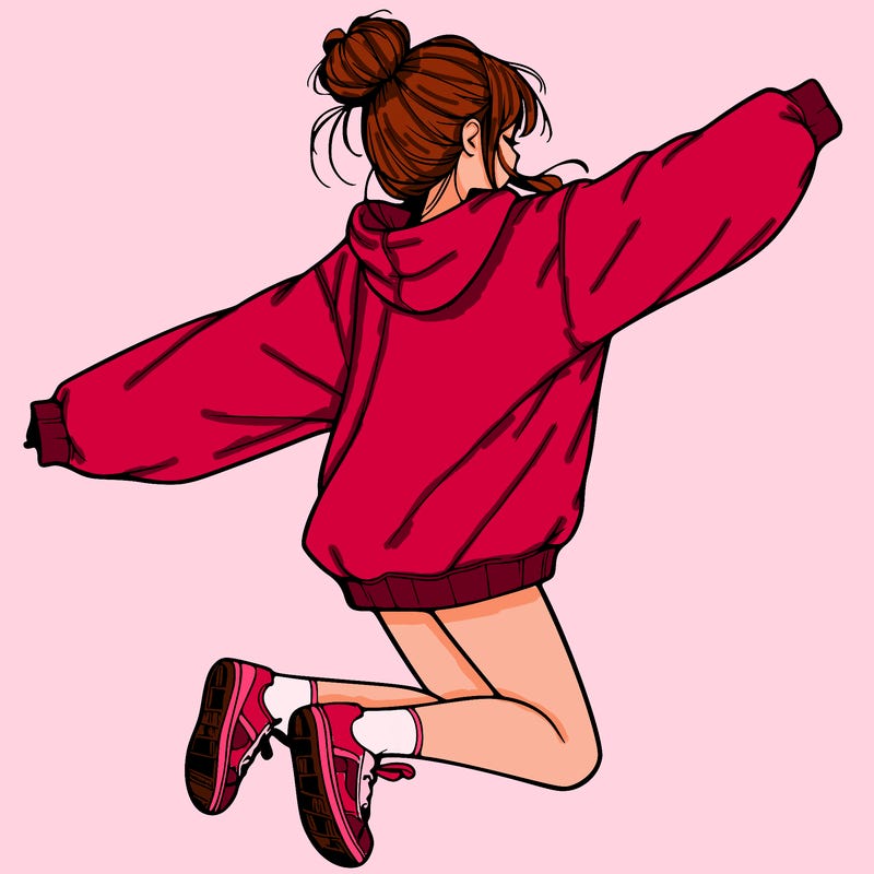 realistic girl jumping with a bun and oversized sweatshirt