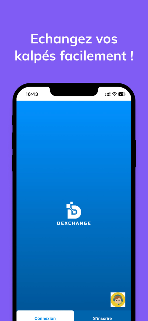 Tela de boas-vindas do aplicativo móvel Dexchange para troca de carteiras de dinheiro móvel