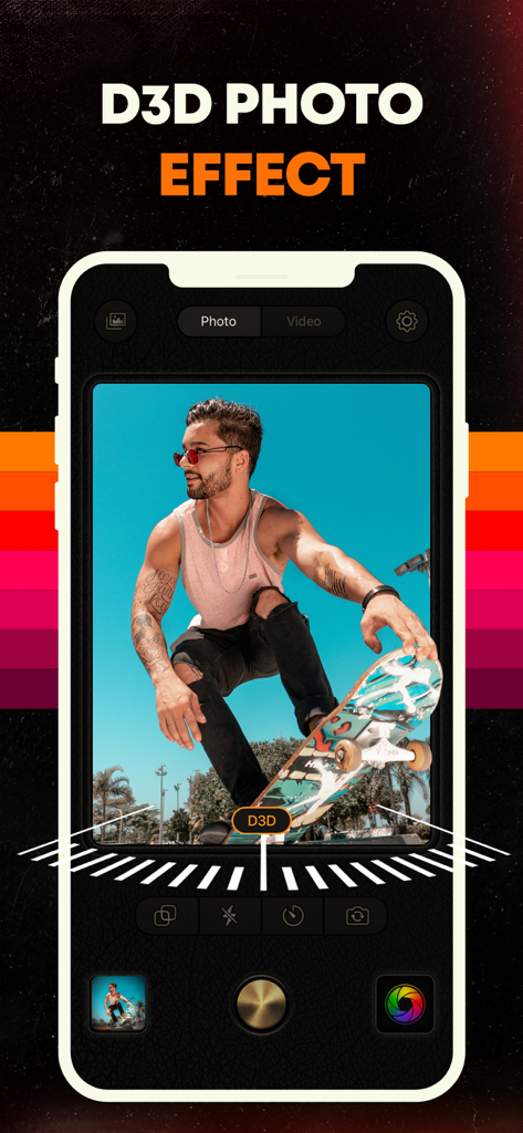 Vintage Camera & Retro Filters - Smartphone-Bildschirm, der einen D3D-Fotoeffekt in einer Vintage-Kamera-App mit einem Mann auf einem Skateboard anzeigt