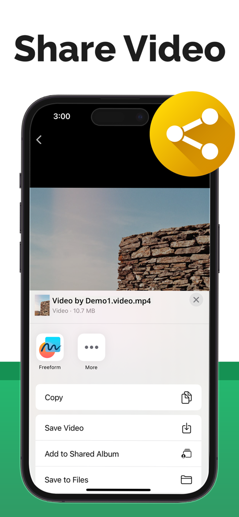 Video Downloader - Download - 保存またはコピーするオプションを備えたダウンロード済みビデオの共有メニューを表示するiPhone画面
