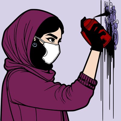 realistic girl with mask spray painting a wall