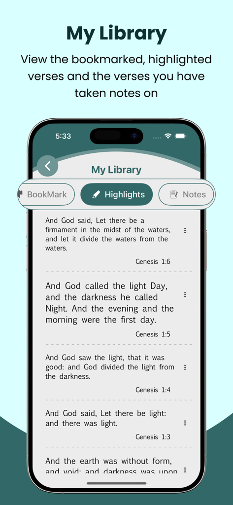 KJV Bible Audio - Holy Version - Pantalla de la aplicación Audio Biblia KJV mostrando la sección Mi Biblioteca con versículos marcados y resaltados