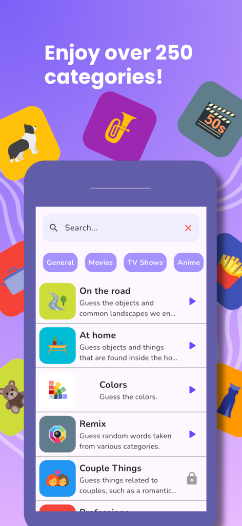 Guess It: Charades & Guessing - Guess It charades game screen showing a variety of categories and themed decks.