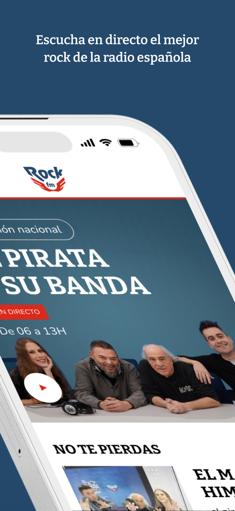 La app Rock FM mostrando una transmisión en vivo del programa El Pirata y su Banda