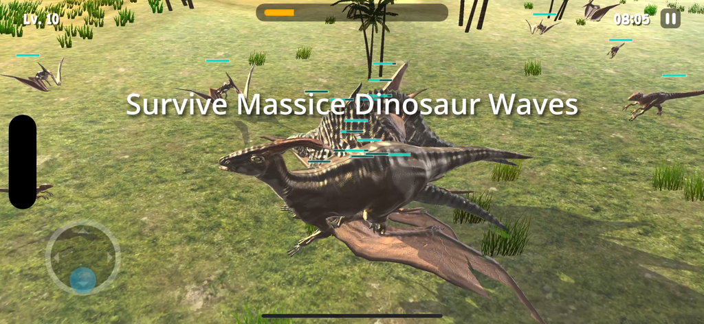 Dinosaur Game - Raptor Pack - A group of dinosaurs battling in a 3D field with the text Survive Massive Dinosaur Waves