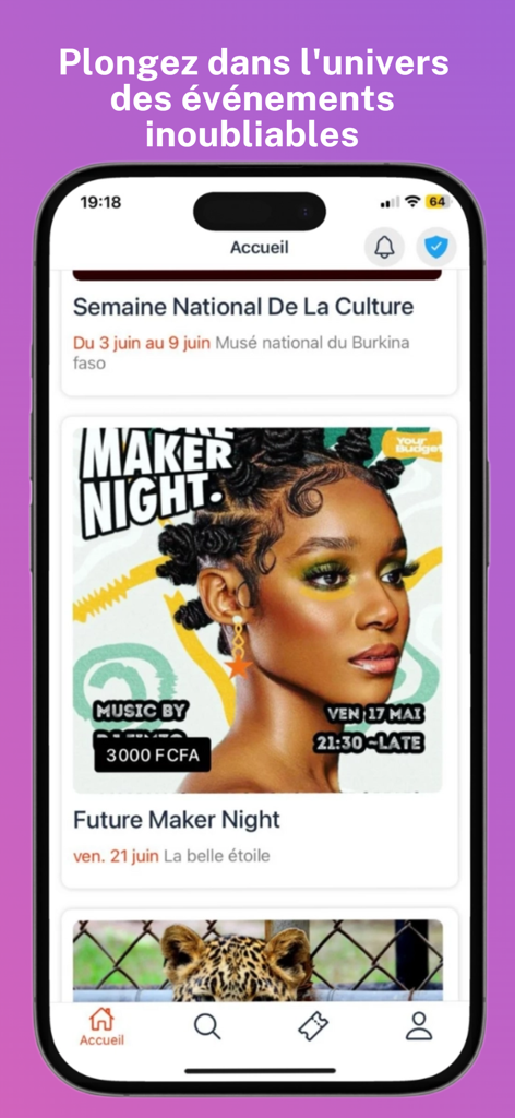 와가두구의 이벤트 및 콘서트 목록을 보여주는 Sanbbiz 앱 인터페이스