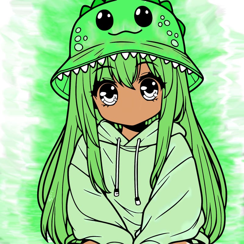 girl with anime shaped eyes with a dinosaur bucket hat oversized sweatshirt long straight hair