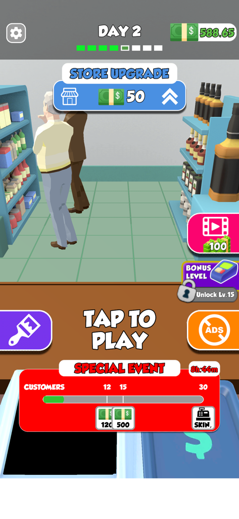Mobile gameplay screen of Cashier 3D showing a supermarket interior with customers and a store upgrade menu