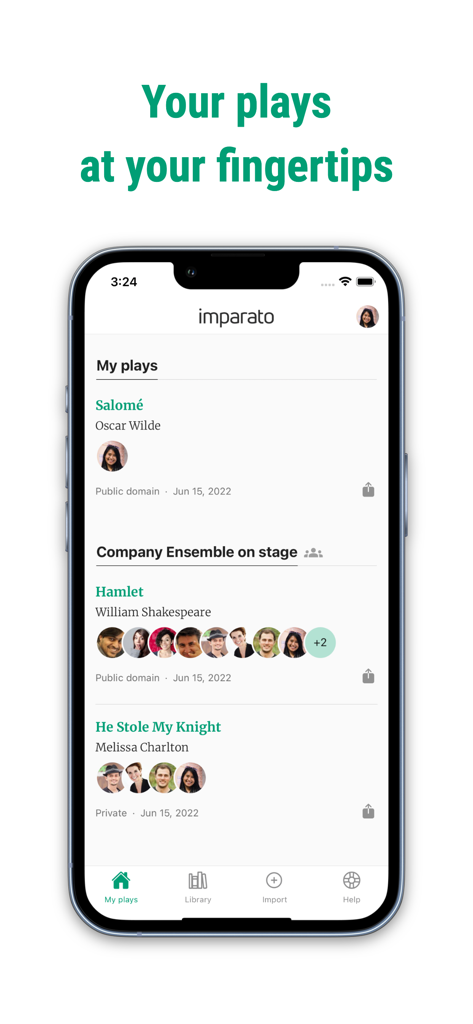 Imparato - Theatre - Screenshot of the Imparato app showing a list of theater plays for rehearsal