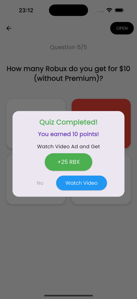get RBX quiz - A completed quiz screen in the get RBX app showing earned points and an option to watch a video ad for more rewards.