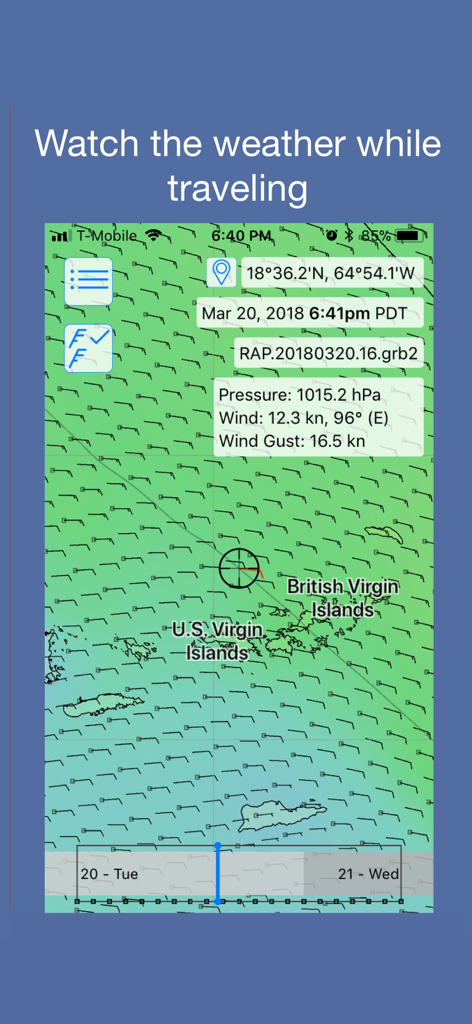 LuckGrib - LuckGrib mobile interface displaying a detailed GRIB weather forecast map with wind barbs and pressure data over the Virgin Islands