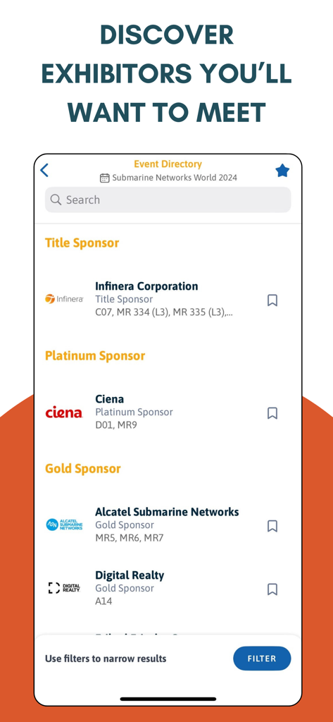 Terrapinn Events - Terrapinn Events app screen showing a directory of conference exhibitors and sponsors