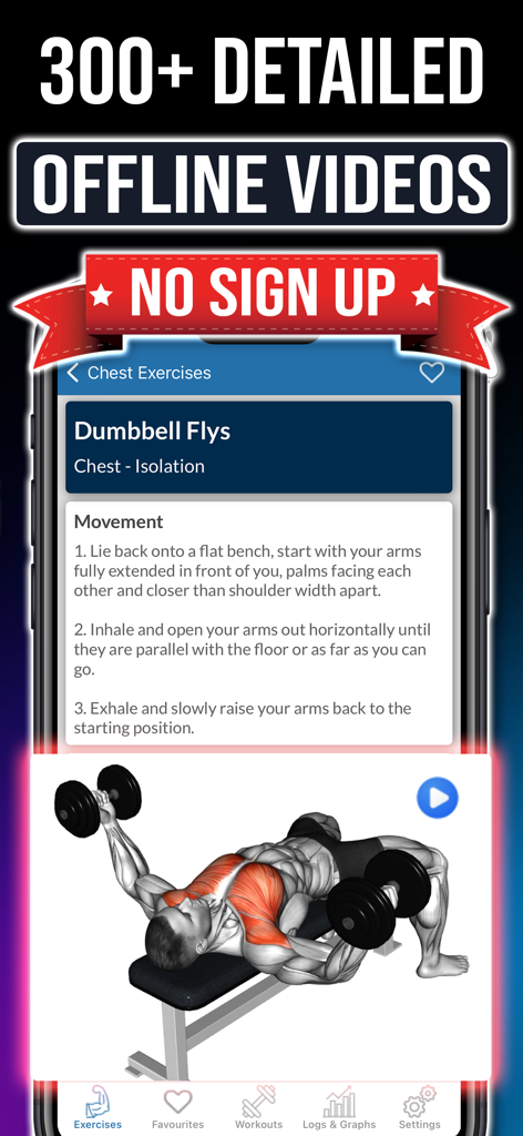 Gym Exercises & Workouts - Una pantalla de la aplicación de gimnasio que muestra instrucciones detalladas y un diagrama de activación muscular para el ejercicio de aperturas con mancuernas.
