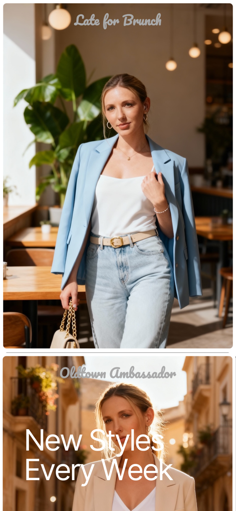 BetterPics Studio Photoshoot - BetterPics Studio app interface showing AI generated lifestyle photos including professional blazers and casual brunch styles