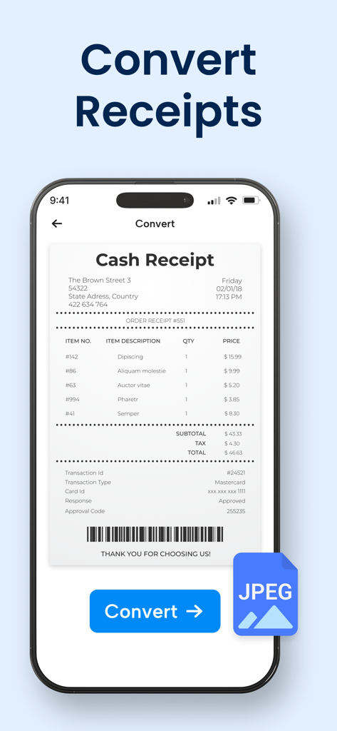 PDF to JPG Converter - JPEG - Mobile app interface showing a cash receipt being converted to a JPEG image