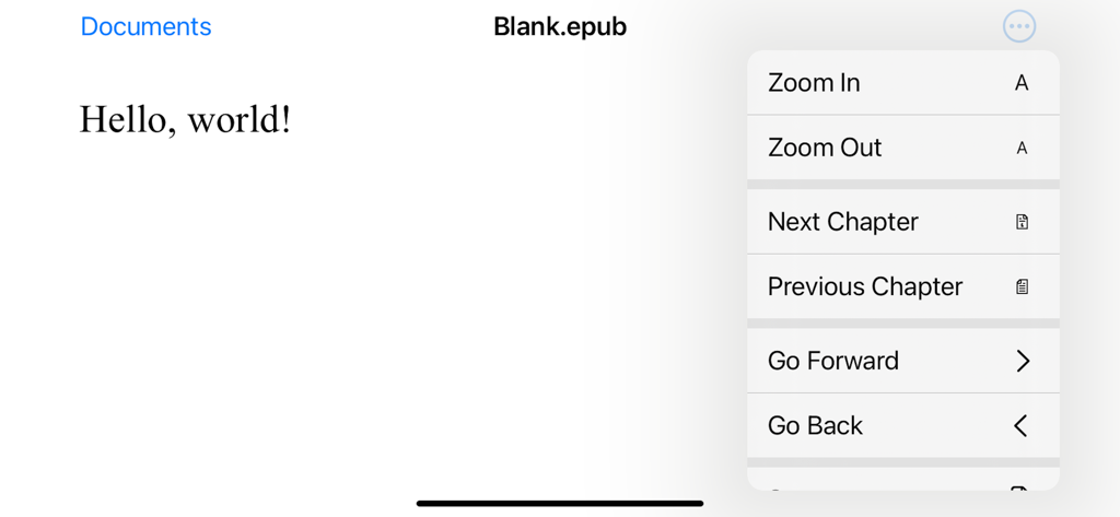 Captura de tela do aplicativo Chapters mostrando um documento intitulado Blank epub com um menu de navegação aberto apresentando controles de zoom e capítulos.