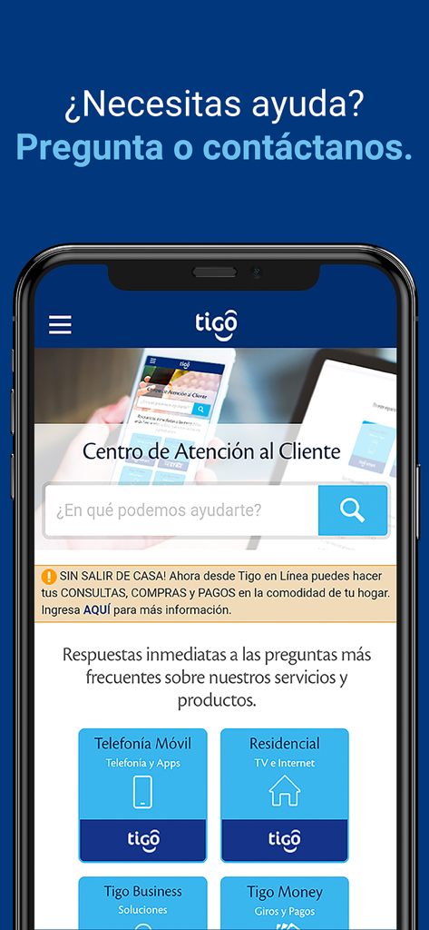 Tigo en Línea - Pantalla de servicio al cliente de Tigo en Línea mostrando una barra de búsqueda y varias categorías de soporte para servicios móviles y residenciales