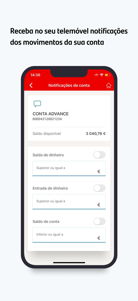 Santander Empresas Portugal - Account notification settings screen in the Santander Empresas Portugal mobile app.