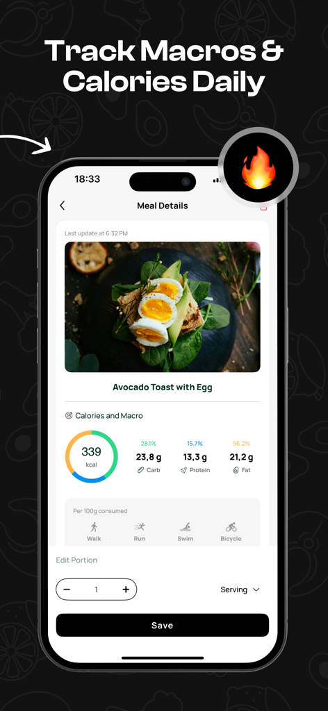 Dietfit AI app interface showing calorie and macro tracking for a meal of avocado toast with egg.