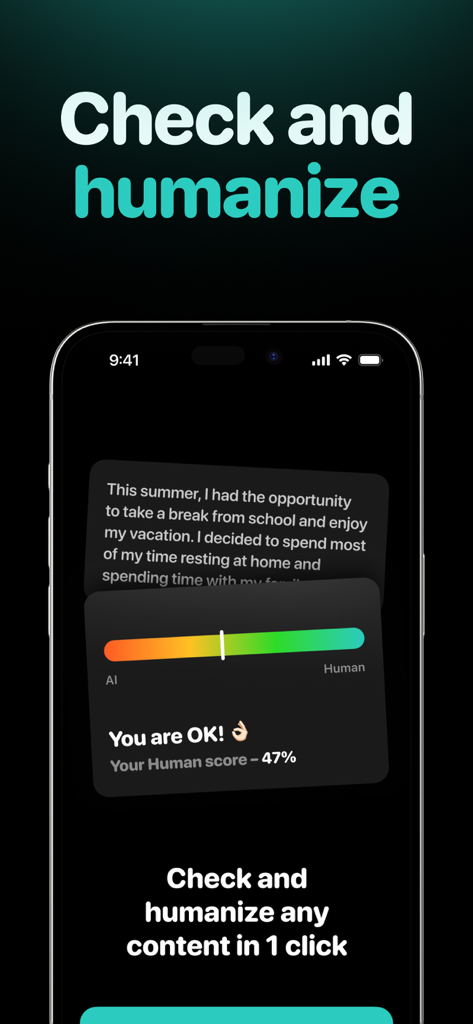 Detour app interface showing a human score indicator for AI text detection