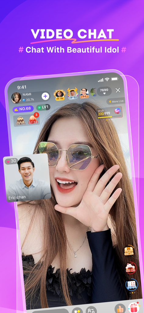 Interfaz de la aplicación Nimo TV mostrando un chat de video en vivo entre un transmisor y un fan